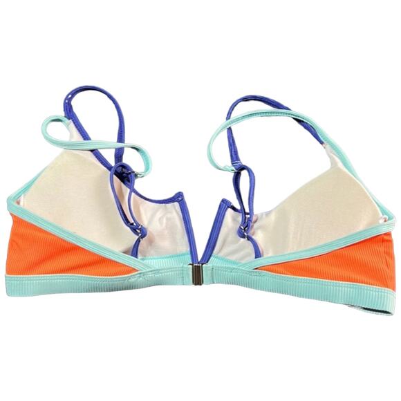 Color Block Bikini Top Orange Blue Retro V-Cut Athletic Swim Medium Ribbed - Picture 9 of 16